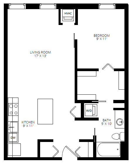 Floor plan for 1 bed, 1 bath, 753 sqft